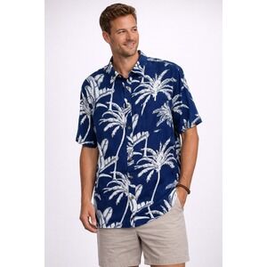 Margaritaville Men's Tropical Palm Tree Print Aloha Button Down Shirt - Large